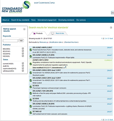 View of the Standards New Zealand website layout